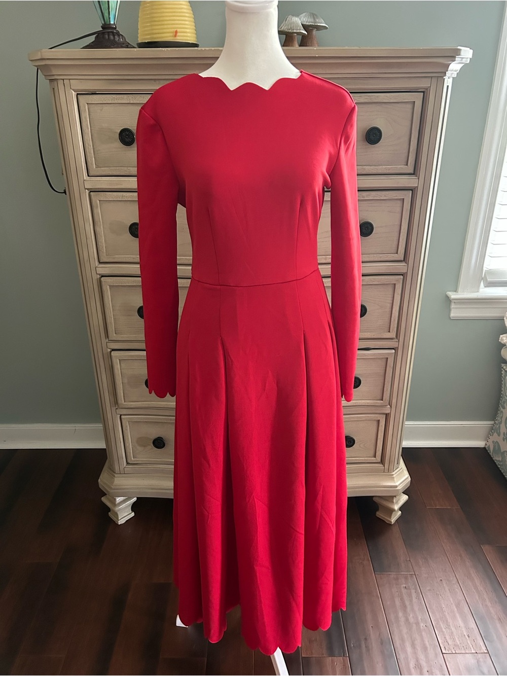 Classic Red Long-Sleeve Scallop Neck Midi Dress